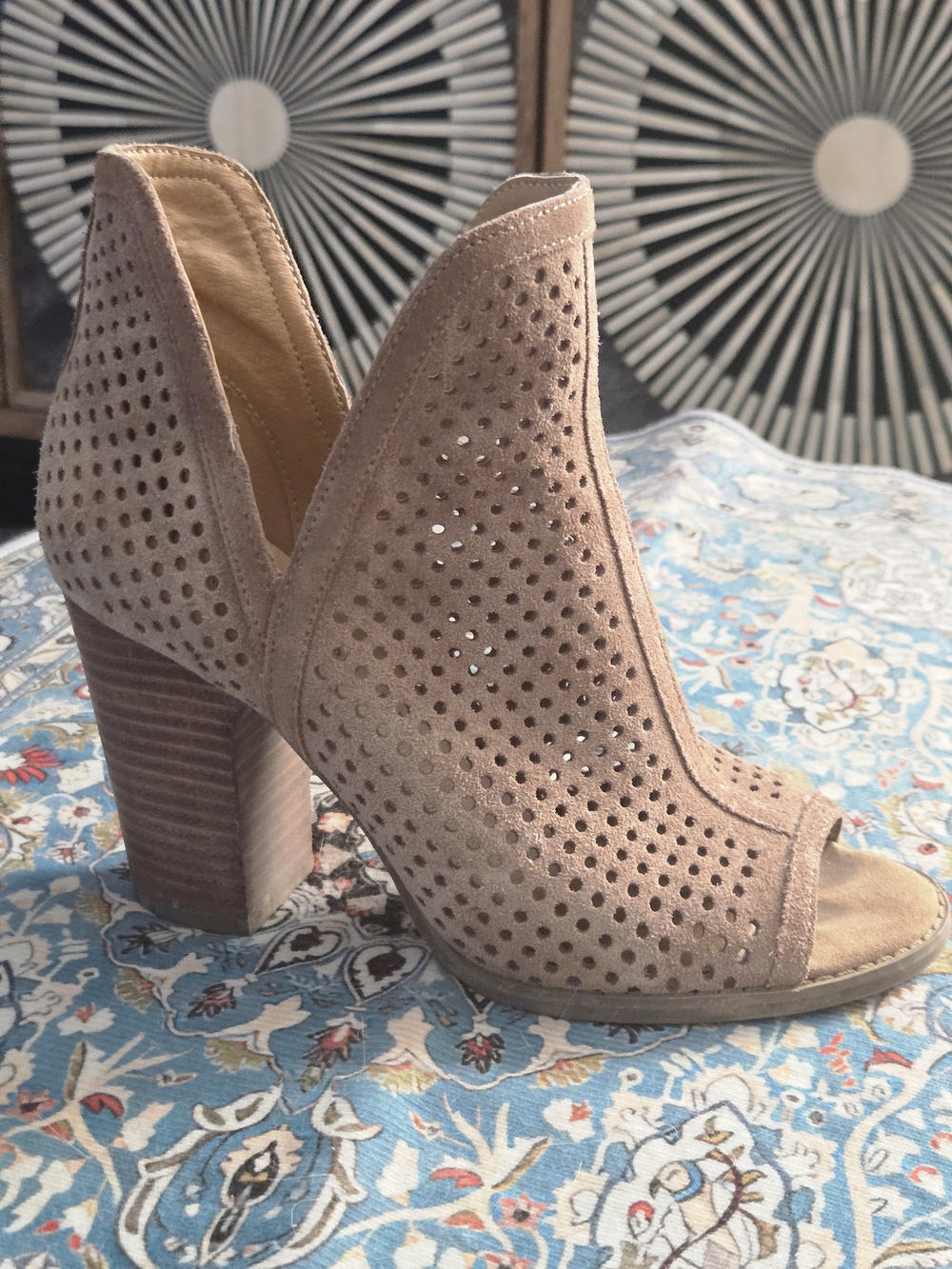Lucky Brand Genuine Suede Perforated Peep Toe Booties Taupe 7.5